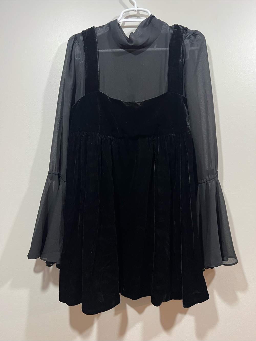 Free People Black Velvet Counting Stars Babydoll Dress with Bell Sleeves Small